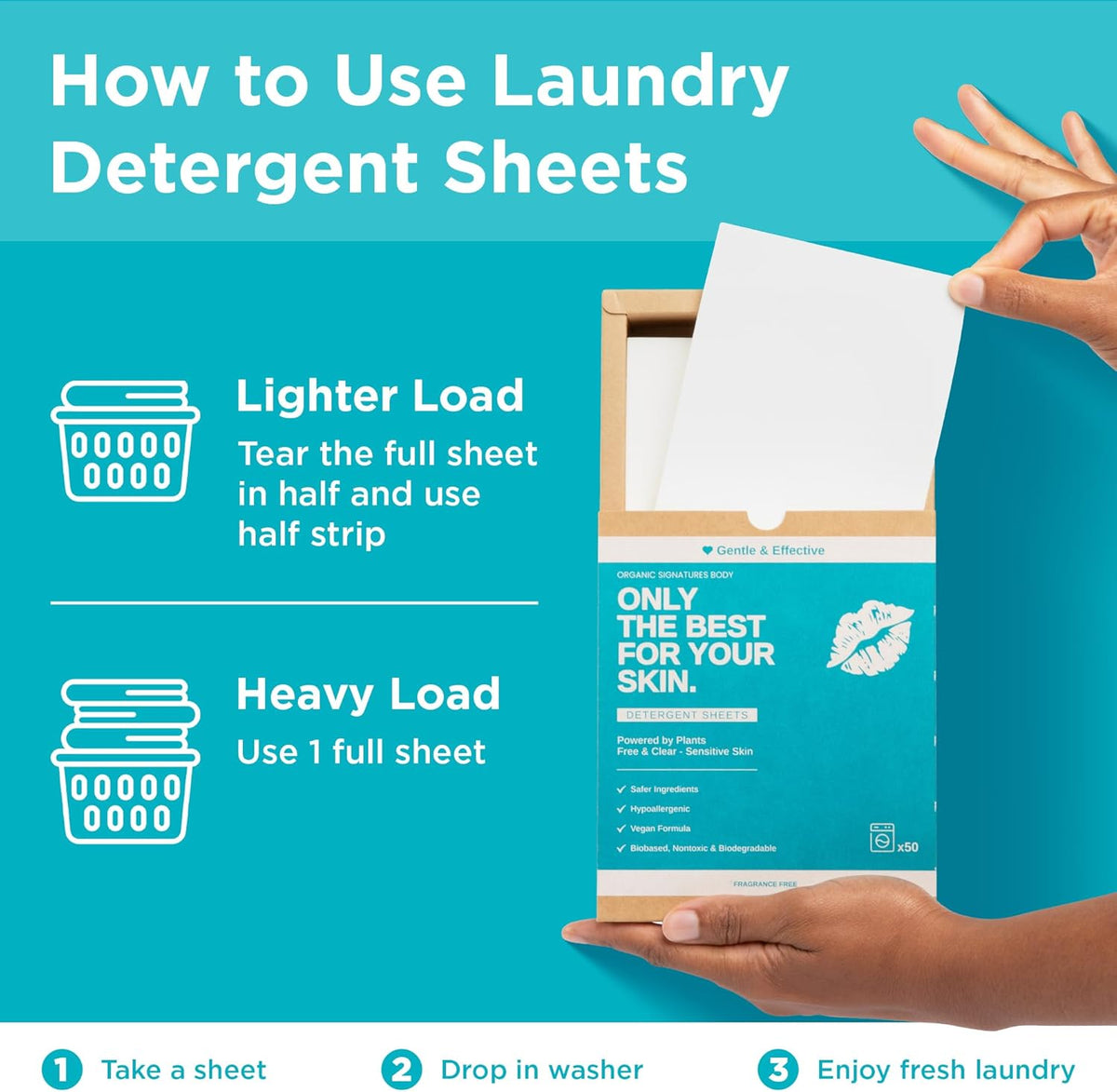 Laundry Detergent Sheets - Hypoallergenic, Plant-Based with Coconut Oil & Soapberry Extract - Unscented, Safe for Colors & Whites, 50-Pack