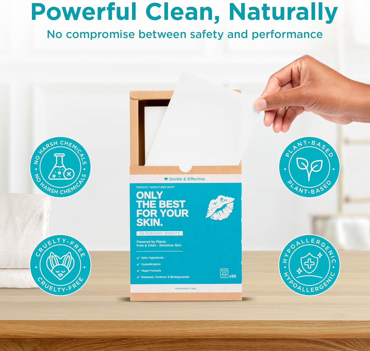 Laundry Detergent Sheets - Hypoallergenic, Plant-Based with Coconut Oil & Soapberry Extract - Unscented, Safe for Colors & Whites, 50-Pack